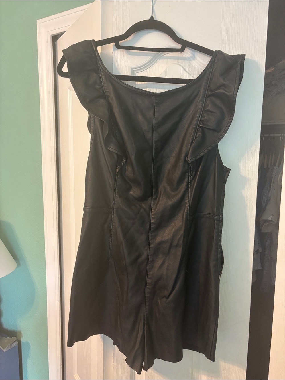 Free People Black Faux Leather Ruffle romper